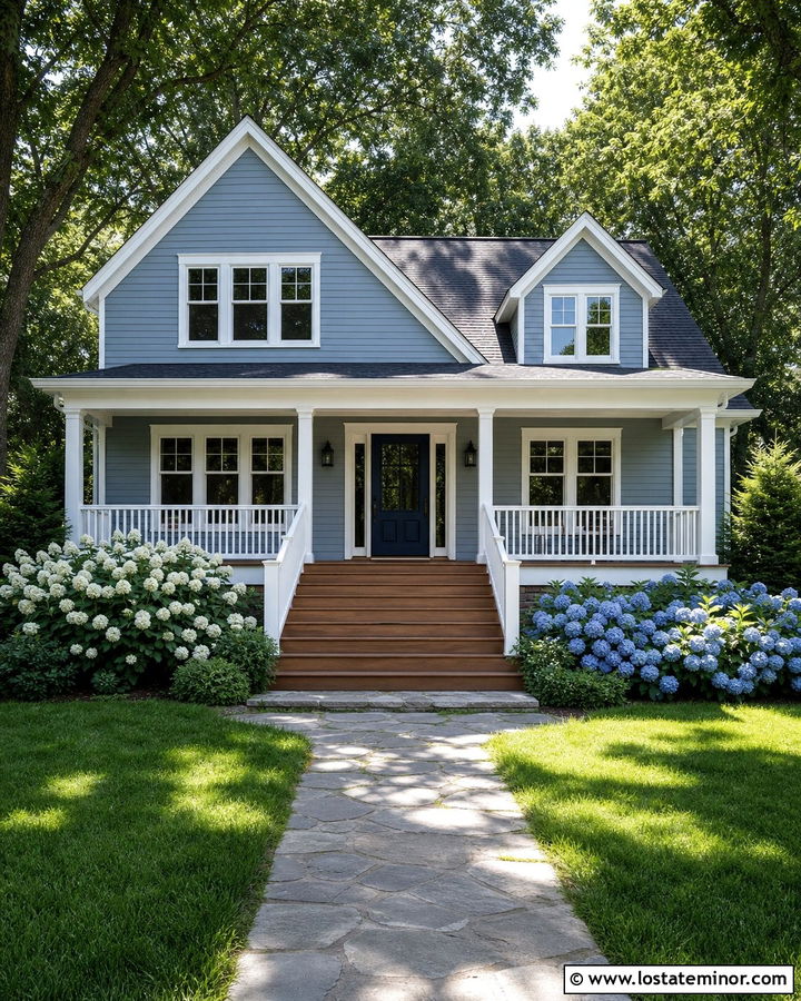 Dusty Blue House With White Railing Deck - 30 Dusty Blue House Design With Deck Ideas