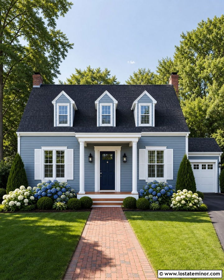 Dusty Blue House With White Shutters And Navy Door - 30 Dusty Blue House Design With Shutters Ideas