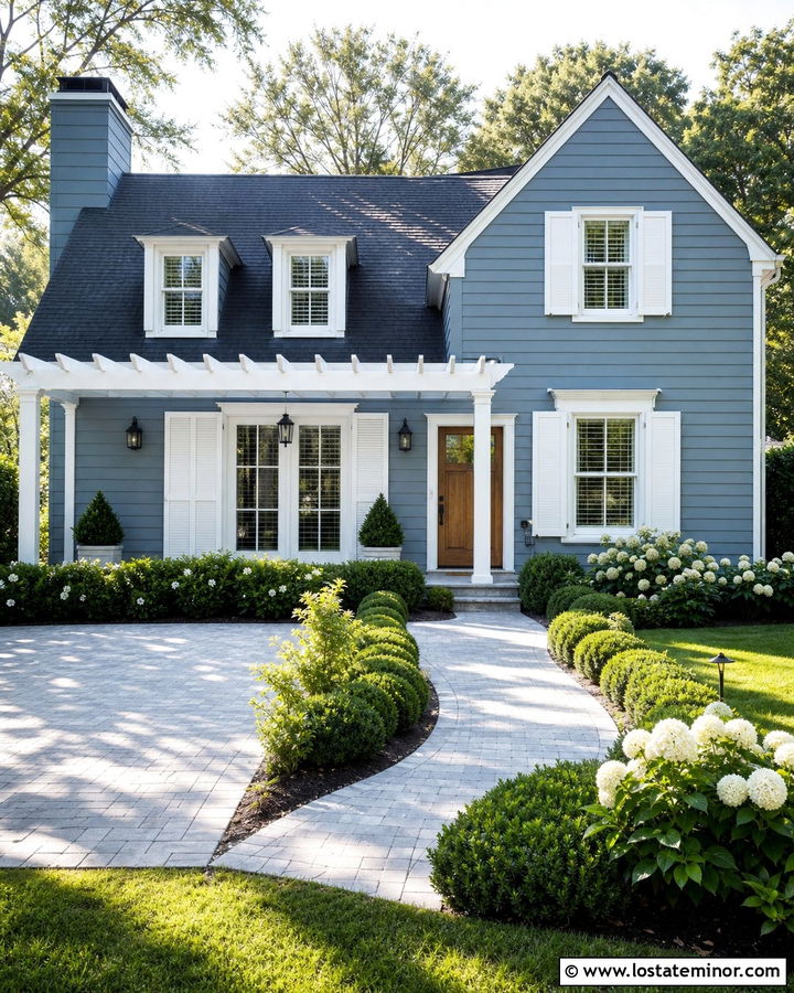 Dusty Blue House With White Shutters And Pergola - 30 Dusty Blue House Design With Pergola Ideas