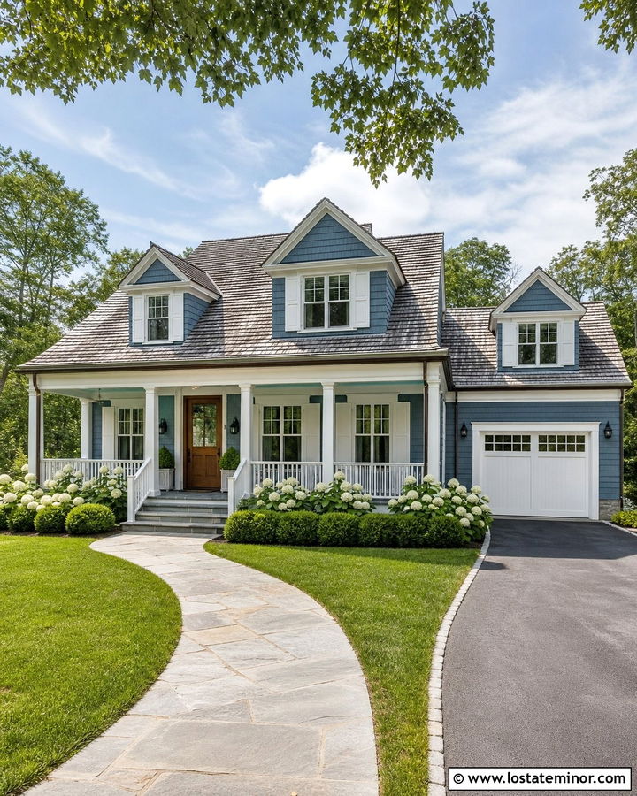 Dusty Blue House With White Shutters And Porch Columns - 30 Dusty Blue House Design With Porch Columns Ideas