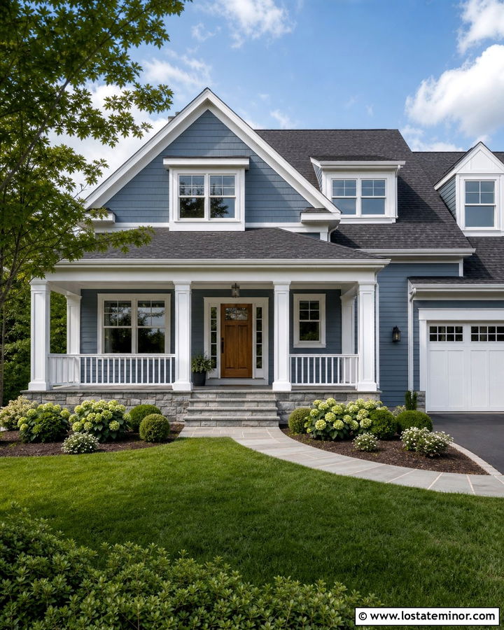 Dusty Blue House With White Square Porch Columns - 30 Dusty Blue House Design With Porch Columns Ideas