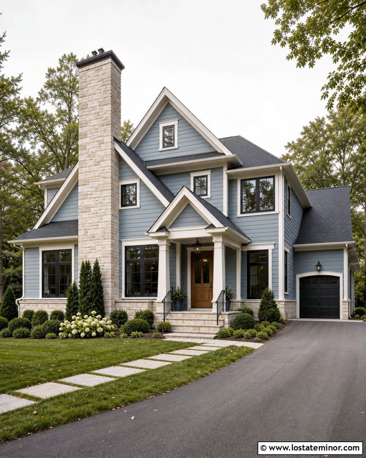 Dusty Blue House With White Stone Chimney - 30 Dusty Blue House Design With Chimney Ideas