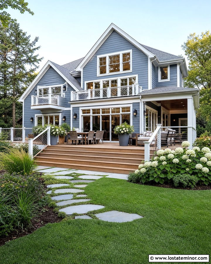 Dusty Blue House With White Trim And Cedar Deck - 30 Dusty Blue House Design With Backyard Ideas