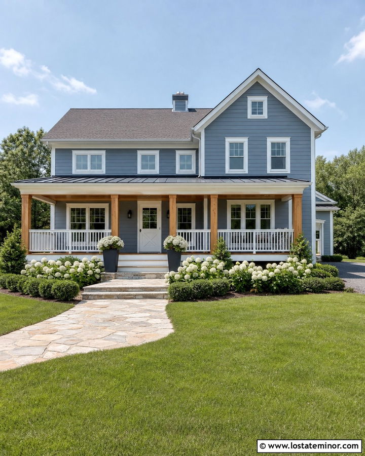 Dusty Blue House With White Trim And Cedar Porch - 30 Dusty Blue House Design With Dutch Door Ideas