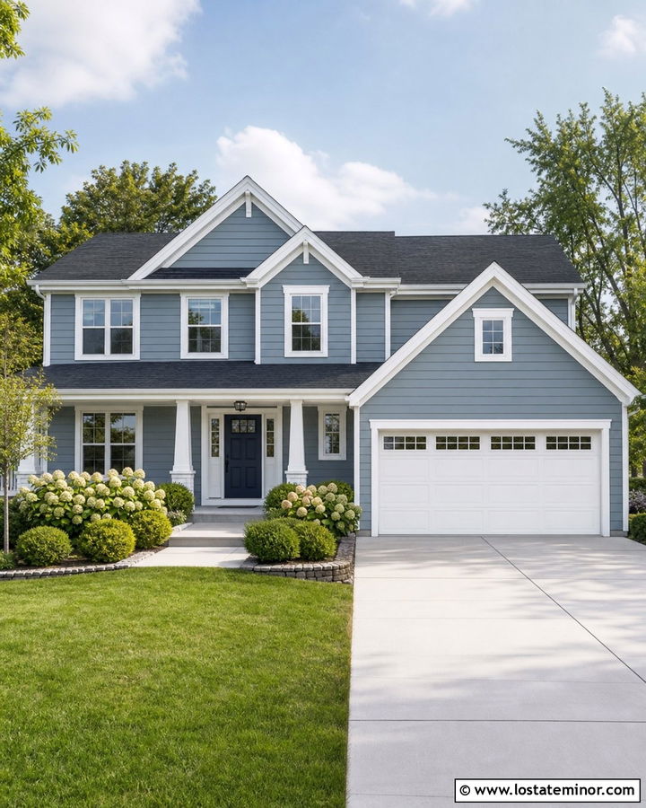 Dusty Blue House With White Trim And Concrete Driveway - 30 Dusty Blue House Design With Driveway Ideas