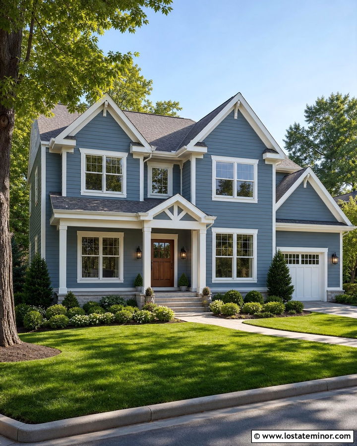 Dusty Blue House With White Trim And Front Gables - 30 Dusty Blue House Design With Gables Ideas