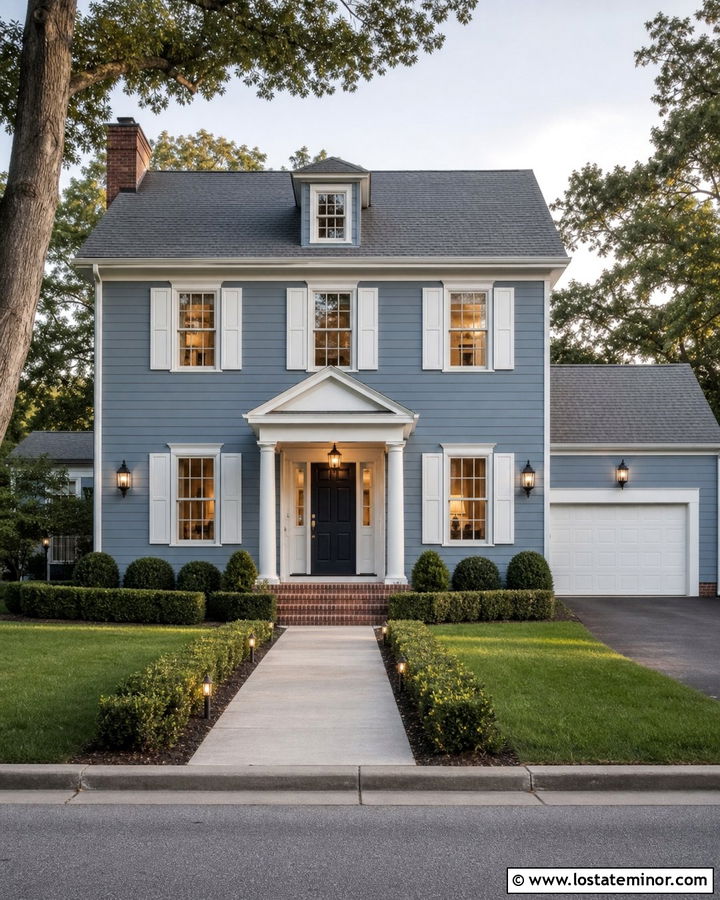 Dusty Blue House With White Trim And Gas Style Lanterns - 30 Dusty Blue House Design With Lighting Ideas