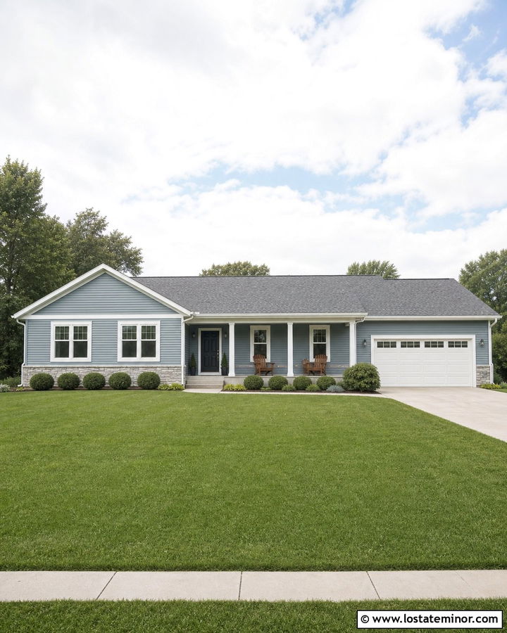 Dusty Blue House With White Trim And Gray Roof - 30 Dusty Blue House Design With Trim Ideas