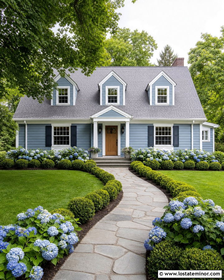 Dusty Blue House With White Trim And Hydrangea Front Yard - 30 Dusty Blue House Design With Front Yard Ideas