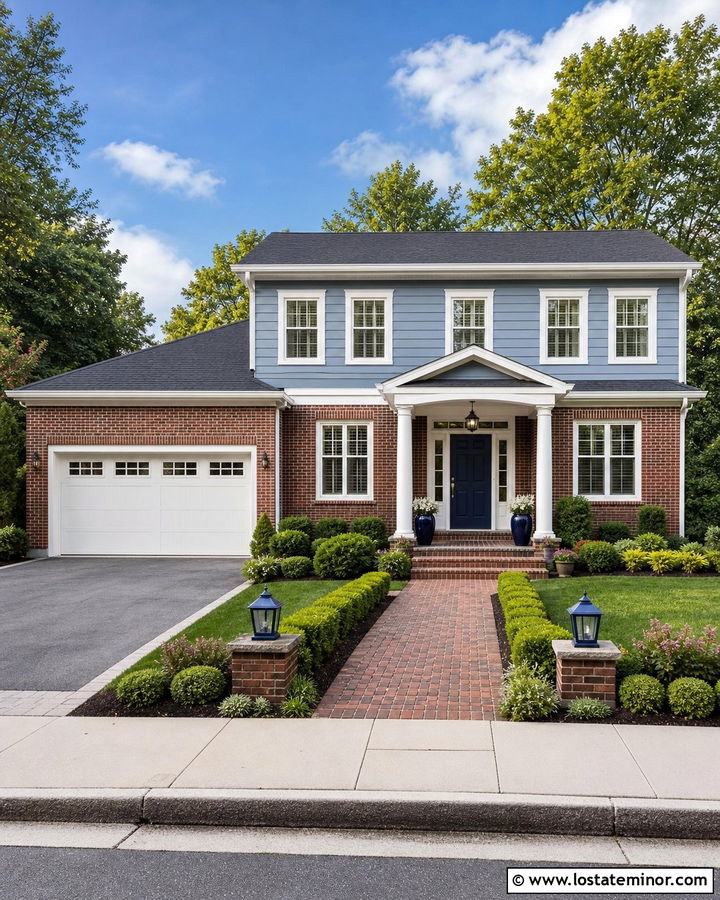 Dusty Blue House With White Trim And Red Brick - 30 Dusty Blue House Design With Trim Ideas