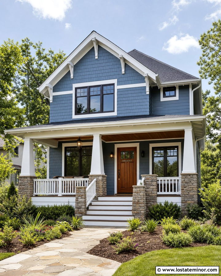 Dusty Blue House With White Trim And Wood Door - 30 Dusty Blue House Design With Trim Ideas