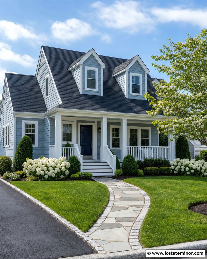 Dusty Blue House With White Vinyl Railings - 30 Dusty Blue House Design With Railings Ideas