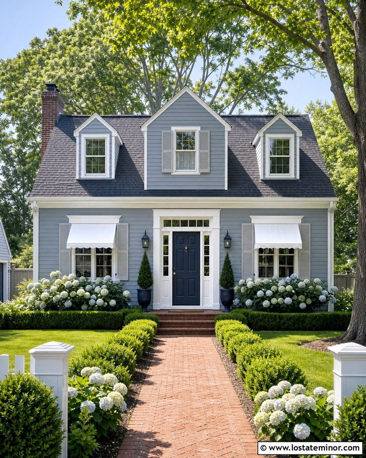 Dusty Blue House With White Window Awnings - 30 Dusty Blue House Design With Awning Ideas