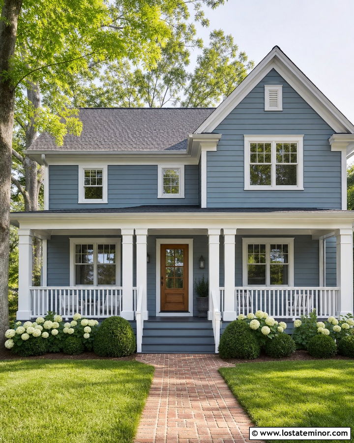 Dusty Blue House With White Wood Railings - 30 Dusty Blue House Design With Railings Ideas