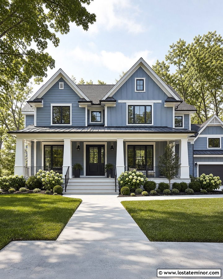 Dusty Blue House With Wide Farmhouse Steps - 30 Dusty Blue House Design With Steps Ideas
