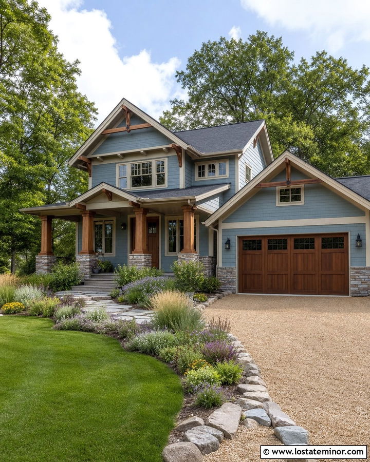 Dusty Blue House With Wood Accents And Gravel Driveway - 30 Dusty Blue House Design With Driveway Ideas