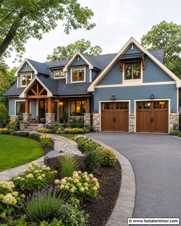 Dusty Blue House With Wood Carriage Garage Doors - 30 Dusty Blue House Design With Dormers Ideas