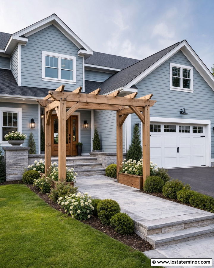 Dusty Blue House With Wood Door And Pergola - 30 Dusty Blue House Design With Pergola Ideas