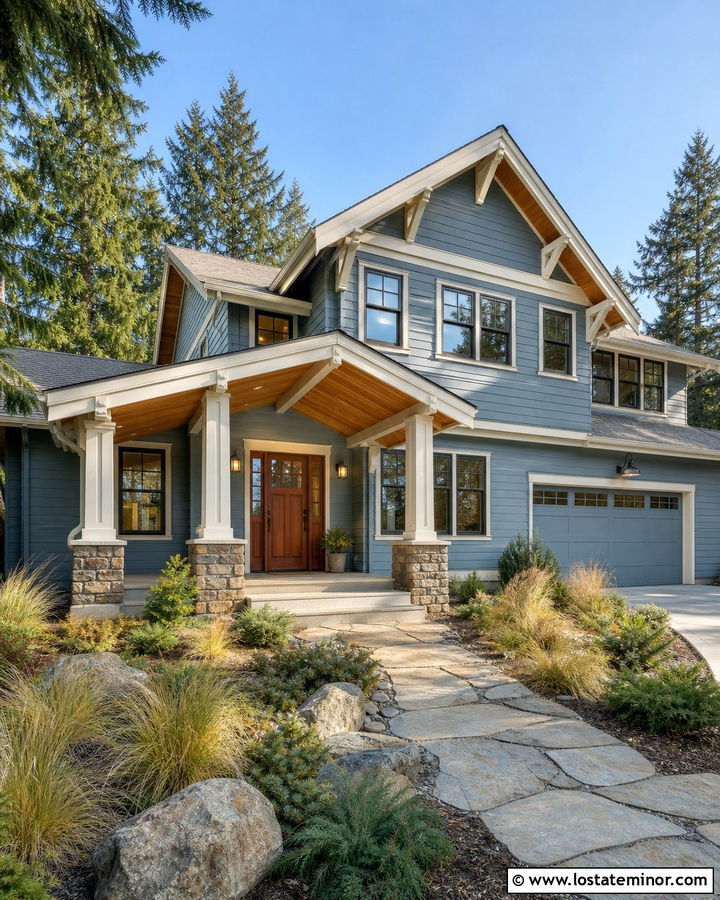 Dusty Blue House With Wood Porch Ceiling - 30 Dusty Blue House Design With Porch Ceiling Ideas