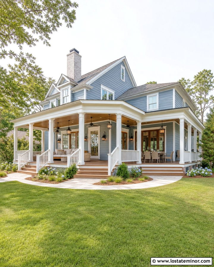 Dusty Blue House With Wraparound Backyard Porch - 30 Dusty Blue House Design With Backyard Ideas