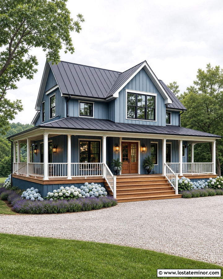 Dusty Blue House With Wraparound Deck - 30 Dusty Blue House Design With Deck Ideas