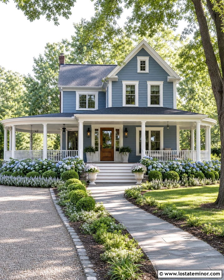 Dusty Blue House With Wraparound Porch And Foundation Garden - 30 Dusty Blue House Design With Front Yard Ideas