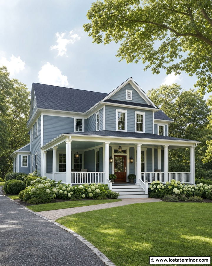 Dusty Blue House With Wraparound Porch Ceiling - 30 Dusty Blue House Design With Porch Ceiling Ideas