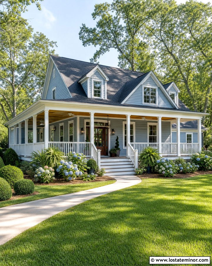 Dusty Blue House With Wraparound Porch Dormers - 30 Dusty Blue House Design With Dormers Ideas