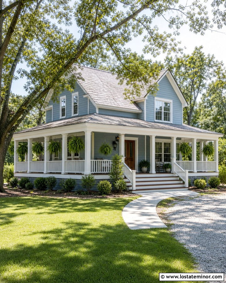 Dusty Blue House With Wraparound Porch Steps - 30 Dusty Blue House Design With Steps Ideas