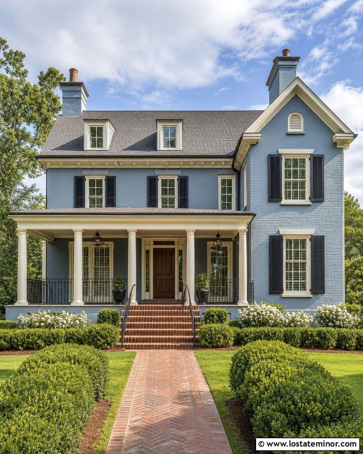 Dusty Blue House With Wrought Iron Railings - 30 Dusty Blue House Design With Railings Ideas