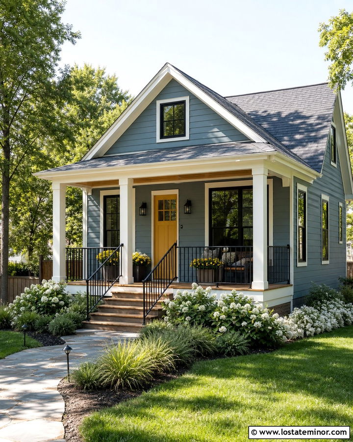 Dusty Blue House With Yellow Door And Black Railings - 30 Dusty Blue House Design With Railings Ideas