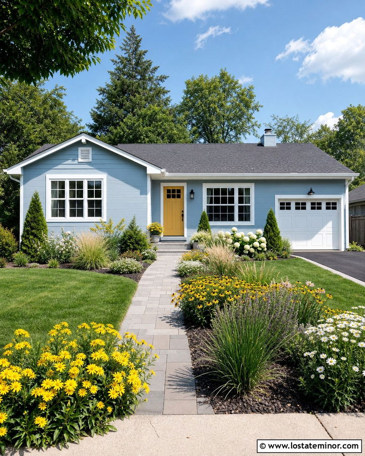 Dusty Blue House With Yellow Door And Colorful Front Yard - 30 Dusty Blue House Design With Front Yard Ideas