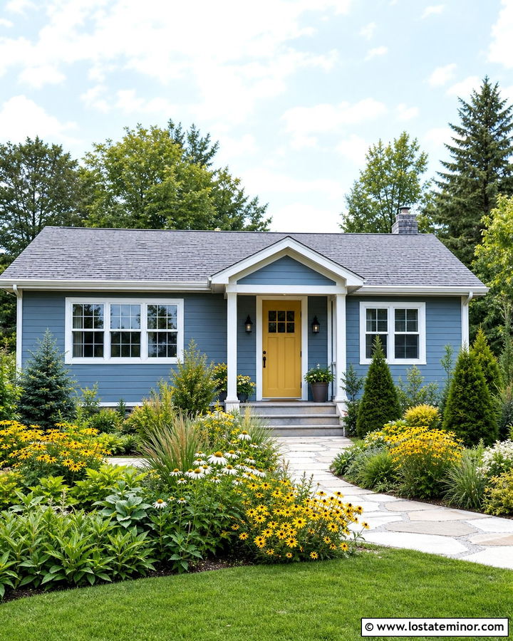 Dusty Blue House With Yellow Front Door - 30 Dusty Blue House Design With Landscaping Ideas