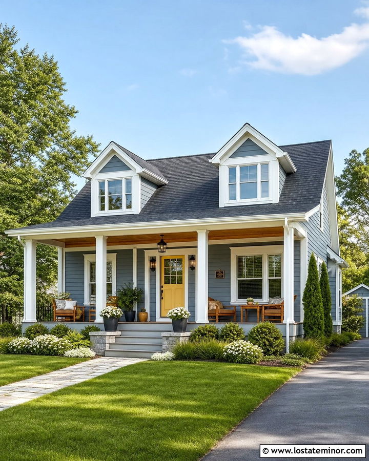Dusty Blue House With Yellow Front Door - 30 Dusty Blue House Design With Dormers Ideas