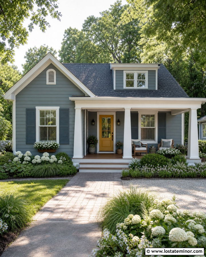 Dusty Blue House With Yellow Front Porch Door - 30 Dusty Blue House Design With Front Porch Ideas