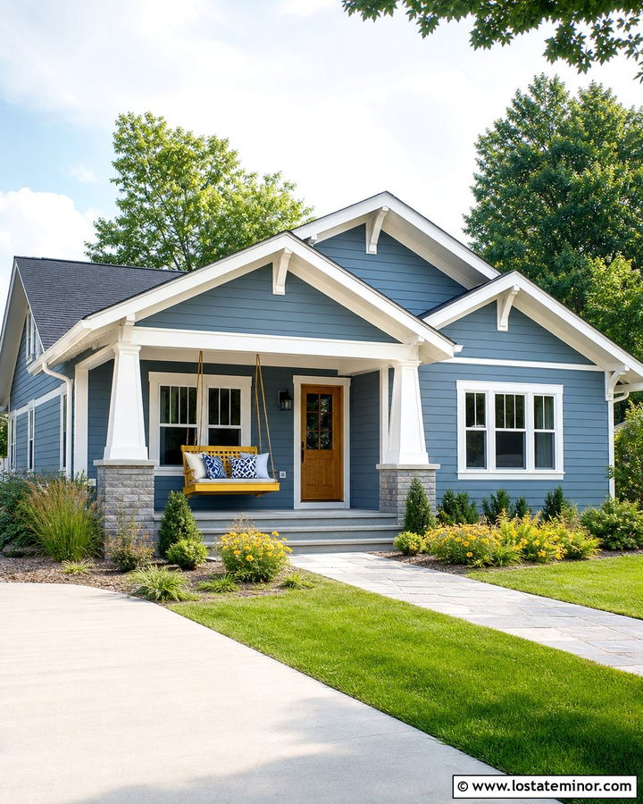 Dusty Blue House With Yellow Porch Swing - 30 Dusty Blue House Design With Swing Ideas