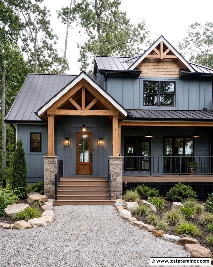 Dusty Blue Lake House With Black Cage Lights - 30 Dusty Blue House Design With Light Fixtures Ideas