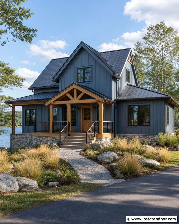 Dusty Blue Lake House With Cable Rail Porch - 30 Dusty Blue House Design With Front Porch Ideas
