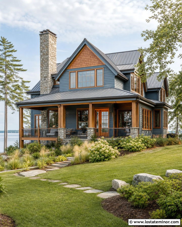 Dusty Blue Lake House With Cedar Window Frames - 30 Dusty Blue House Design With Window Frames Ideas