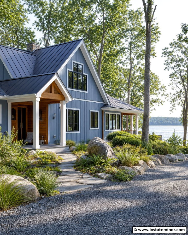 Dusty Blue Lake House With Crushed Stone Driveway - 30 Dusty Blue House Design With Driveway Ideas