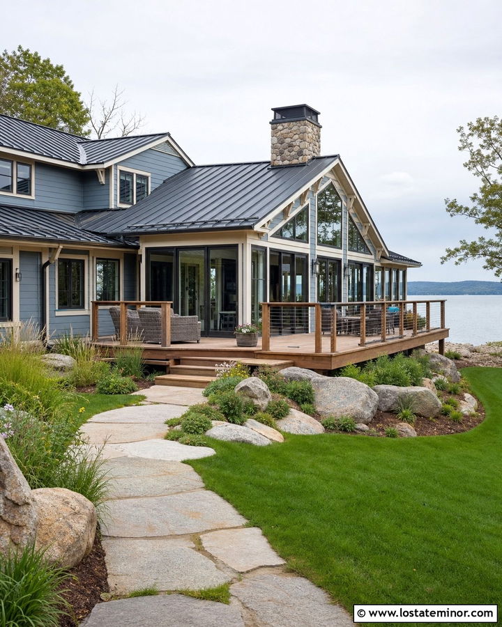 Dusty Blue Lake House With Deck Sunroom - 30 Dusty Blue House Design With Sunroom Ideas