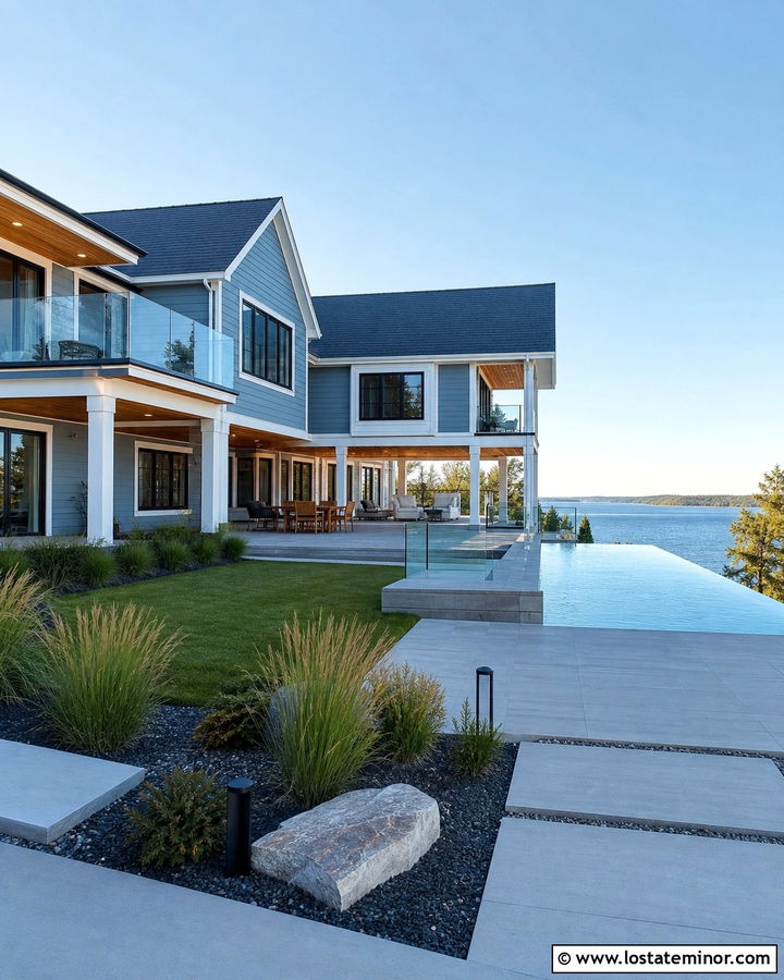 Dusty Blue Lake House With Elevated Pool - 30 Dusty Blue House Design With Swimming Pool Ideas