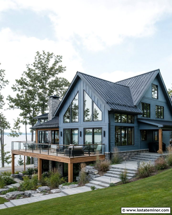 Dusty Blue Lake House With Glass Gables - 30 Dusty Blue House Design With Gables Ideas
