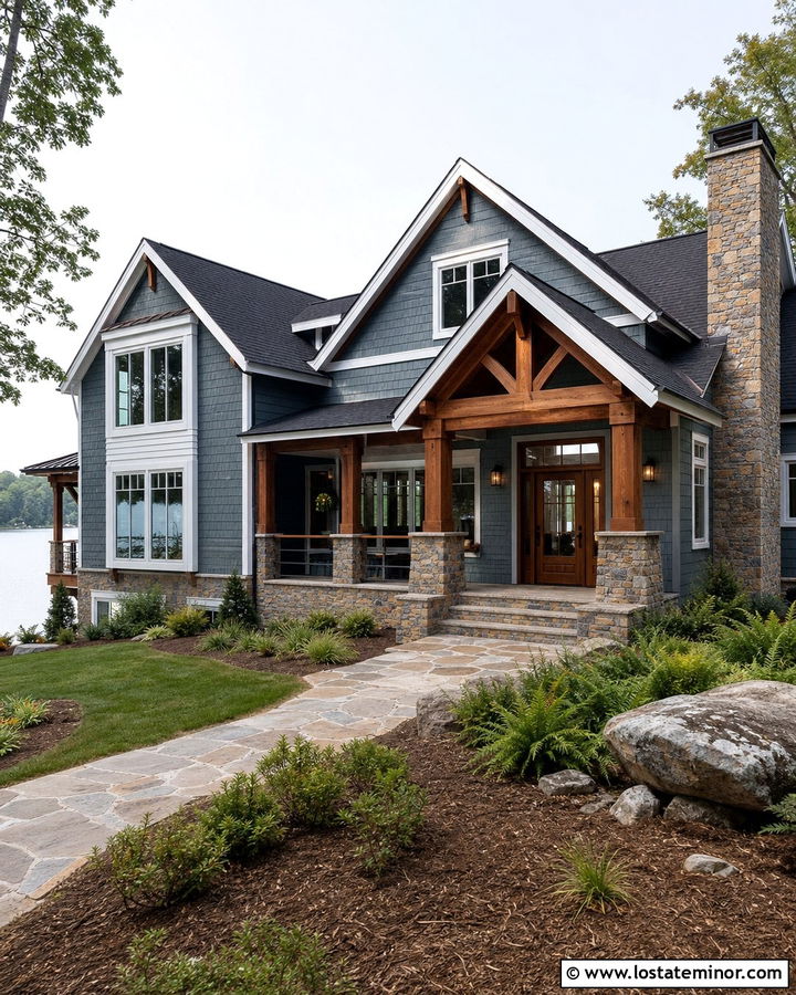 Dusty Blue Lake House With Granite - 30 Dusty Blue House Design With Stone Accents Ideas