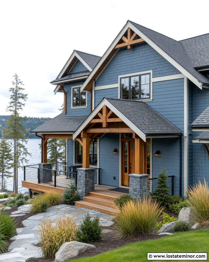 Dusty Blue Lake House With Mixed Shingles - 30 Dusty Blue House Design With Shingles Ideas