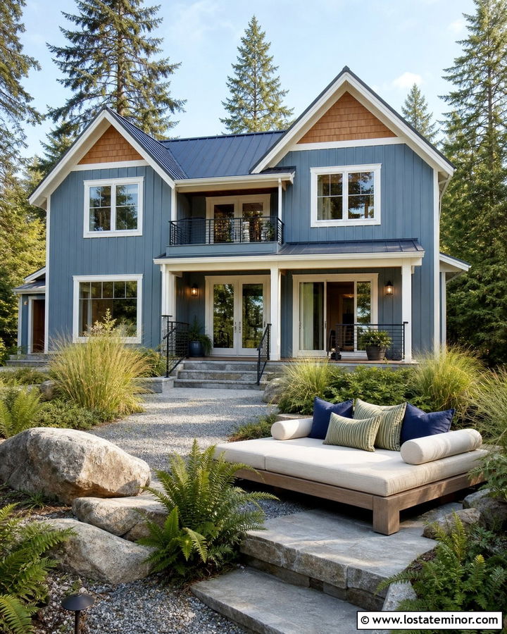 Dusty Blue Lake House With Outdoor Daybed - 30 Dusty Blue House Design With Daybed Ideas