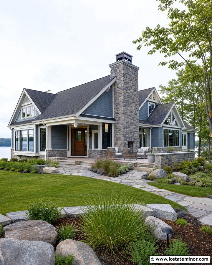 Dusty Blue Lake House With Stone Chimney - 30 Dusty Blue House Design With Chimney Ideas