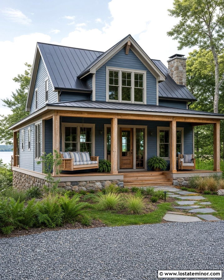 Dusty Blue Lake House With Wood Swing - 30 Dusty Blue House Design With Swing Ideas
