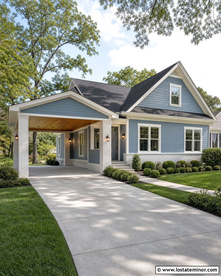 Dusty Blue Lap Siding House With White Brick Carport - 30 Dusty Blue House Design With Carport Ideas
