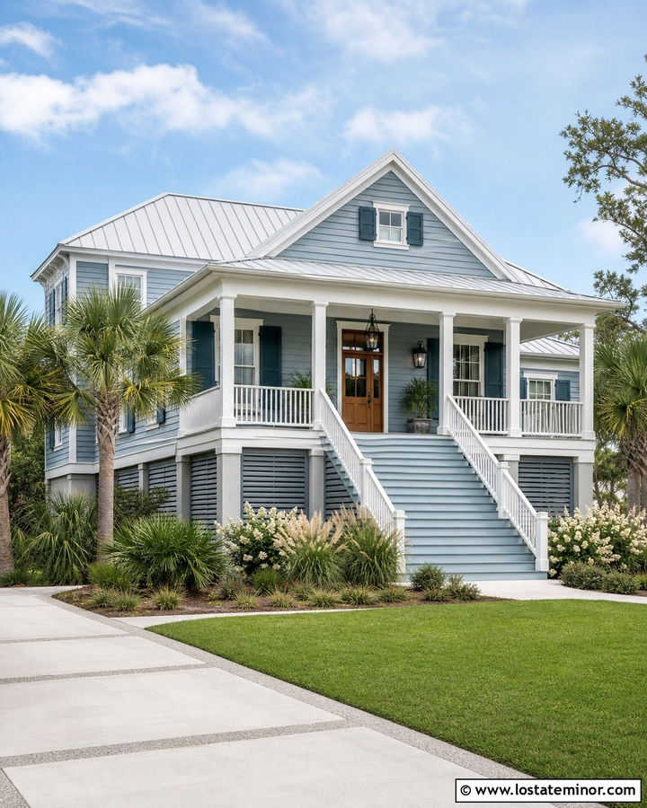 Dusty Blue Lowcountry House With Teal Shutters - 30 Dusty Blue House Design With Shutters Ideas